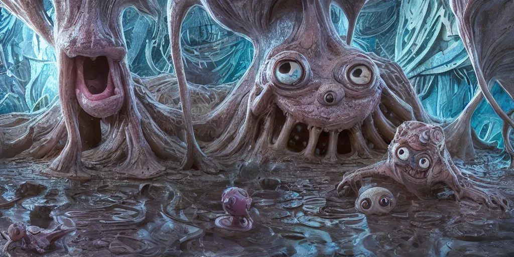 Image similar to of an intricate muddy water with strange cute friendly happy creatures with huge eyes, long tongue, round teeth and goofy funny face, appearing from the background, in the style of gehry and gaudi, macro lens, shallow depth of field, ultra detailed, digital painting, trending artstation, concept art, illustration, cinematic lighting, photorealism, epic, octane render