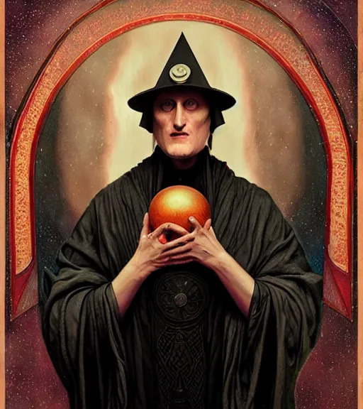Image similar to A Magical Portrait of Woody Harrelson as Aleister Crowley the Great Mage of Thelema, art by Tom Bagshaw and Wayne Barlowe and John Jude Palencar