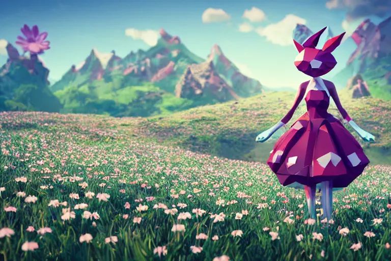 Prompt: ( lowpoly ) ps playstation 1 9 9 9 running ( ( anthropomorphic ) ) ( ( lurantis ) ) maid wearing a hat standing in a ( field of daisies ), mount coronet in the distance digital illustration by ruan jia on artstation