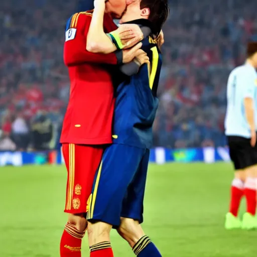 Image similar to Lewandowski and Messi kissing