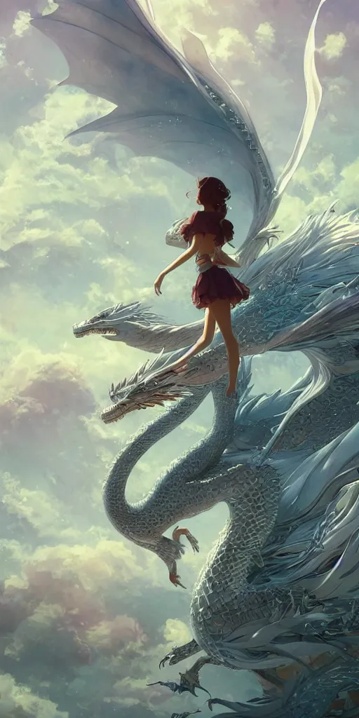 Image similar to the beautiful hyper detailed scene render that a beautiful girl lies in the arms of a huge silver dragon alone in the fairyland surrounded by white clouds, in the style of makoto shinkai victo ngai and peter mohrbacher studio ghibli artgerm karol bak beeple, animation style, 8 k hd, dream, ultra wide angle, animation style