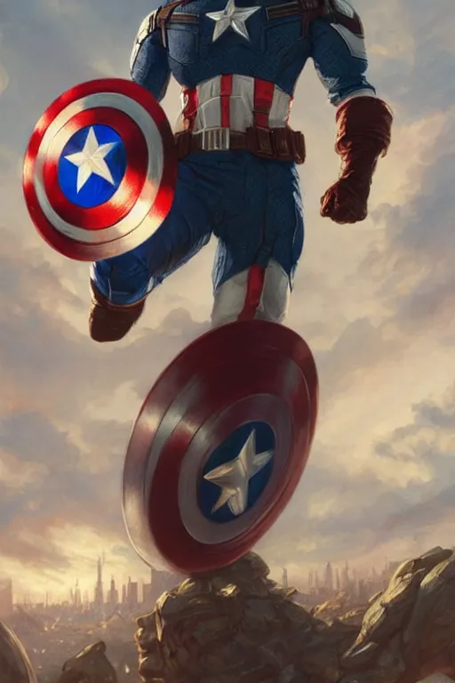 Image similar to a distant cinematic shot of Donald Trump as Captain America, D&D, fantasy, intricate, elegant, highly detailed, digital painting, artstation, concept art, matte, smooth, sharp focus, illustration, art by Artgerm and Greg Rutkowski and Alphonse Mucha, oil painting, 8k, hyper realistic