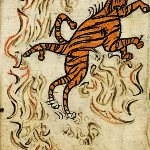 Image similar to bad drawn tiger of fire with many legs flying in a medieval manuscript, medieval manuscript, golden miniatures