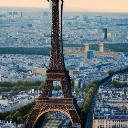 Image similar to high-resolution photograph of a giant cat riding the eiffel tower