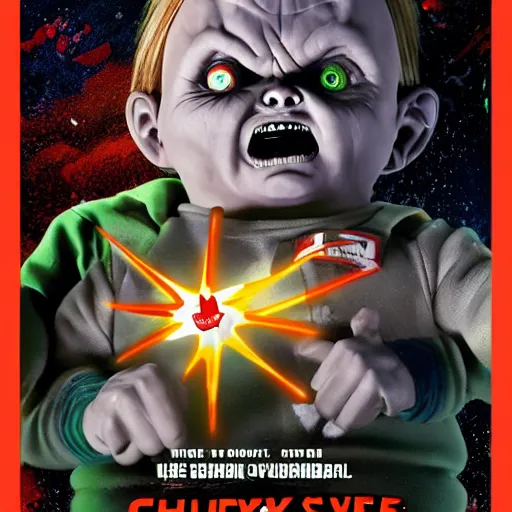 Prompt: Chucky versus Killer Kelowna From Outer Space movie poster