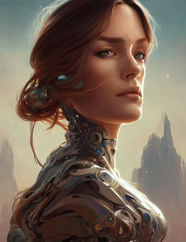 Image similar to futuristic woman portrait, sci-fi, amber eyes, face, long hair, fantasy, intricate, elegant, highly detailed, digital painting, artstation, concept art, smooth, sharp focus, illustration, art by artgerm and greg rutkowski and alphonse mucha