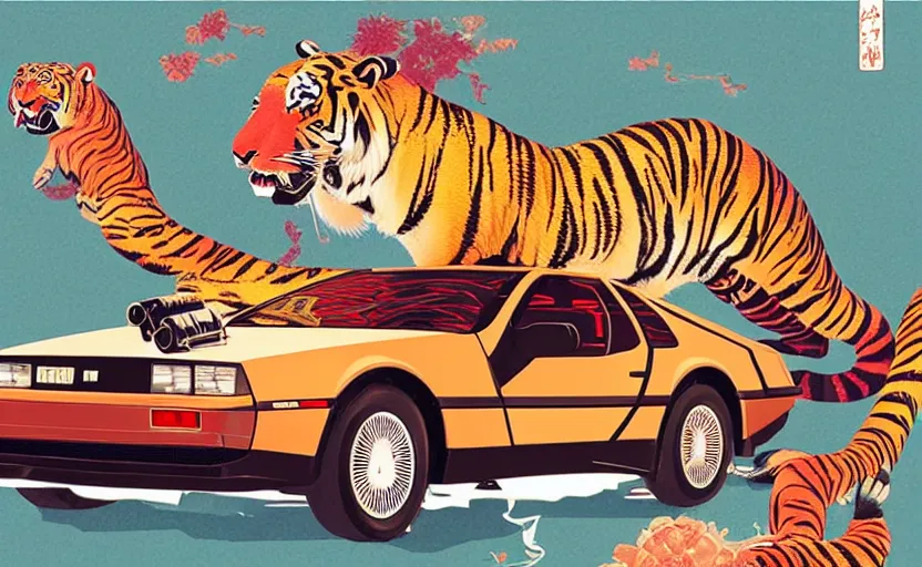 Image similar to a red delorean with a giant yellow tiger, art by hsiao - ron cheng and utagawa kunisada in a magazine collage, # de 9 5 f 0