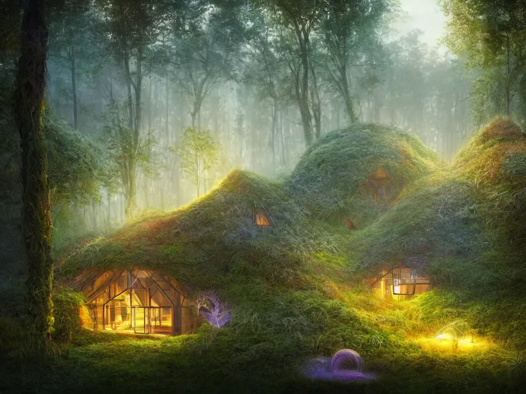 Prompt: beautiful organic house made of imaginary plants in a forest, architectural render, futuresynth, chillwave, by Gabriel Dawe, by Skottie Young, by Jessica Rossier, vegetal architecture, by moebius, by Isaac Cordal, night, (mist), lights, junglepunk, trending on artstation