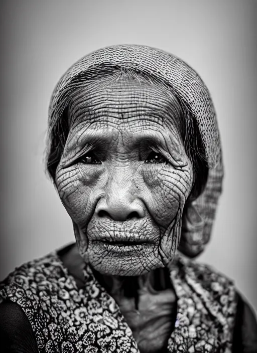 Prompt: portrait of a 1 0 0 year old indonesian woman photo by rarindra prakarsa, desaturated colors, symmetrical face, she has the beautiful calm face of her mother, slightly smiling, ambient light
