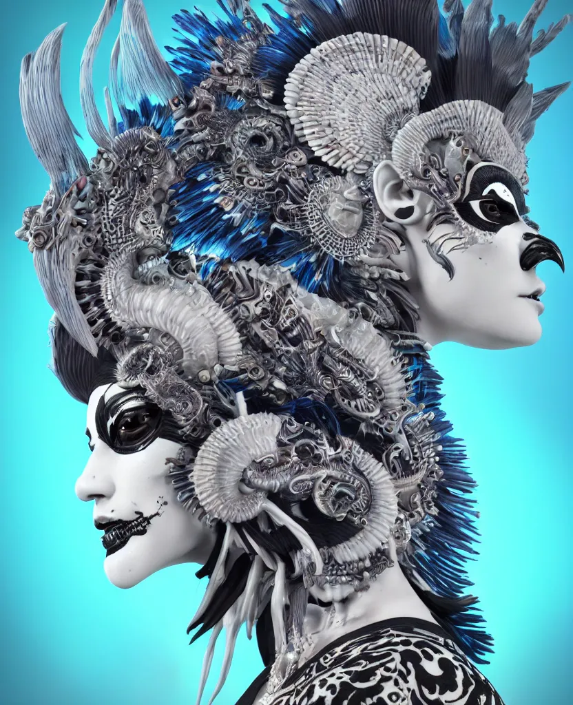 Image similar to 3 d goddess close - up profile portrait punk with mohawk with ram skull. beautiful intricately detailed japanese crow kitsune mask and clasical japanese kimono. betta fish, jellyfish phoenix, bio luminescent, plasma, ice, water, wind, creature, artwork by tooth wu and wlop and beeple and greg rutkowski