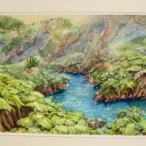 Image similar to detailed watercolor of a lush natural scene on an alien planet by stephen quiller. beautiful landscape. weird vegetation. cliffs and water.