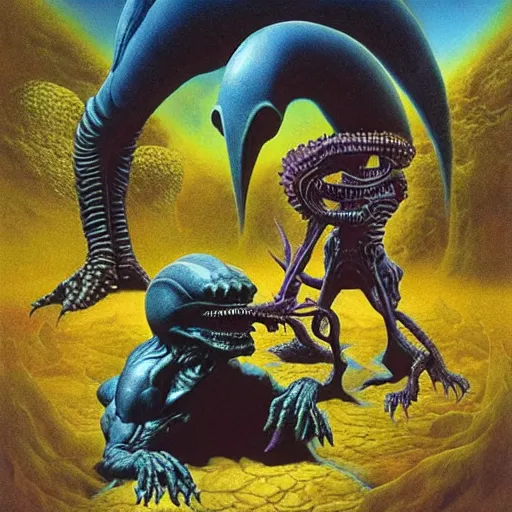 Image similar to alien creatures eating by a river, magical world, Artwork by Richard Corben + Mark Arian + Wayne Barlowe + Boris Vallejo + Julie Bell + Zdzisaw Beksinski + Ed Binkley + Mark Brooks + Jean Delvil