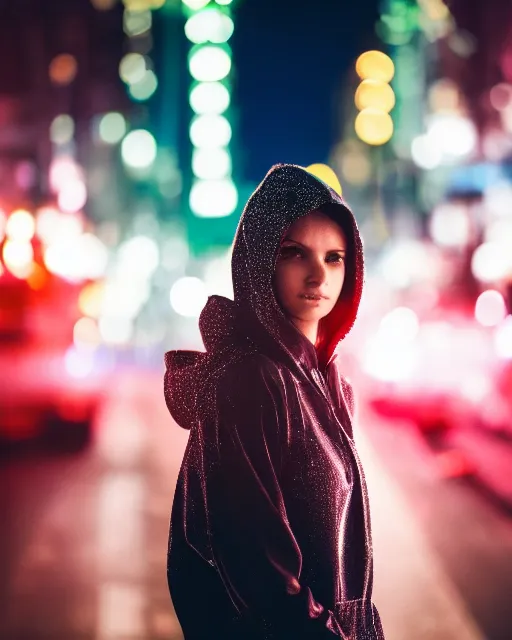 Image similar to a closeup portrait of as beautiful young woman wearing a transparent wet hoody standing in the middle of a busy night road, with lots on neon lights on the background, very backlit, moody feel, dramatic