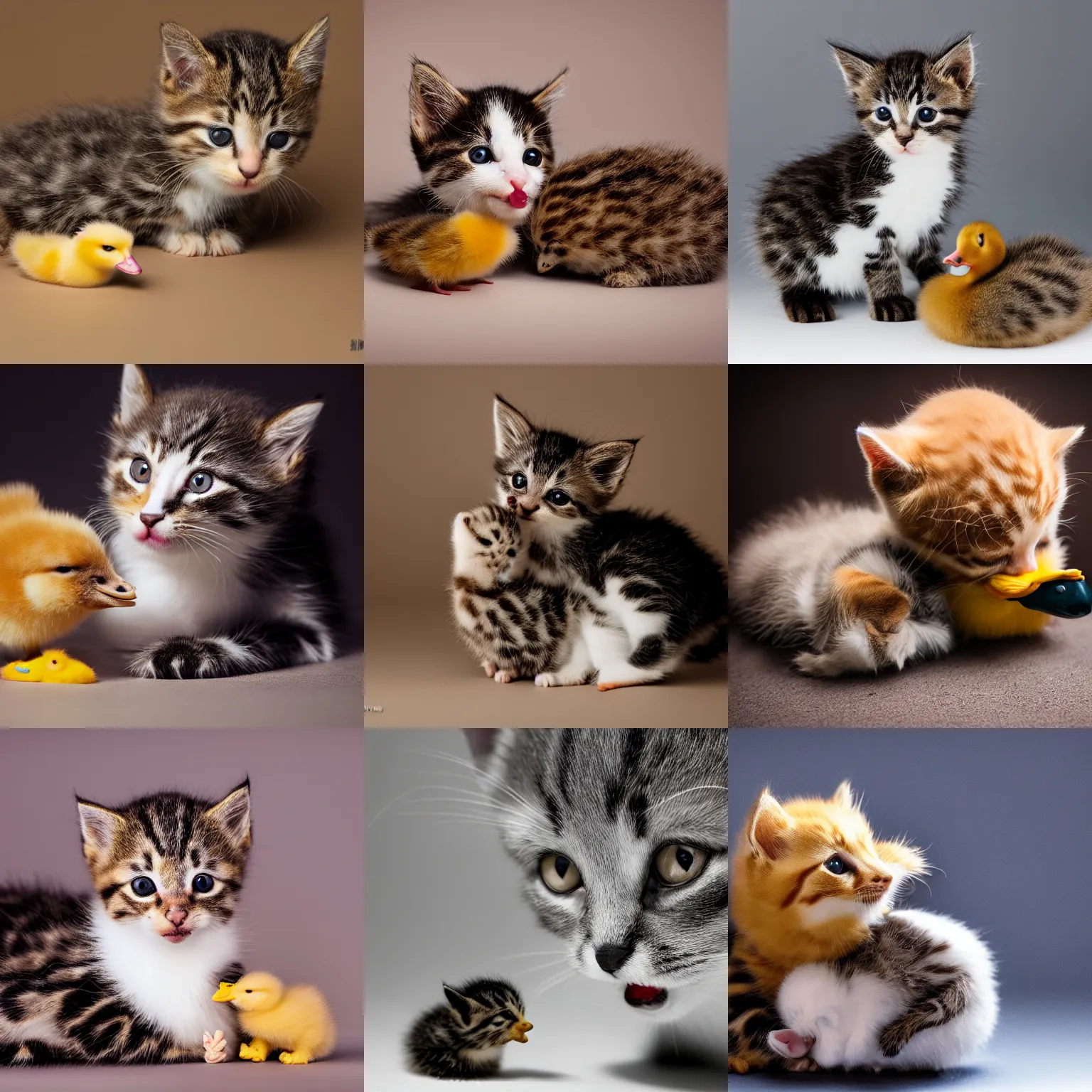 Prompt: 3 5 mm macro shot, a kitten licking a baby duck, studio lighting.