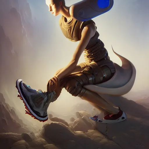 Image similar to futuristic balenciaga sneakers by jesper ejsing, james jean, justin gerard, tomasz alen kopera, cgsociety and fenghua zhong, subsurface scattering, highly detailed, rim light, art, cinematic lighting, very coherent, hyper realism, high detail, 8 k