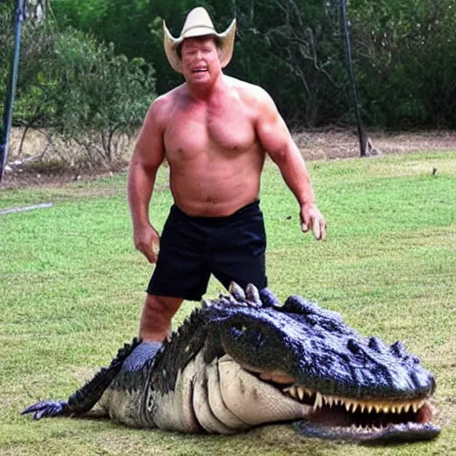 Prompt: steve irwin forgot to put his shorts on before wrestling a giant crocodile