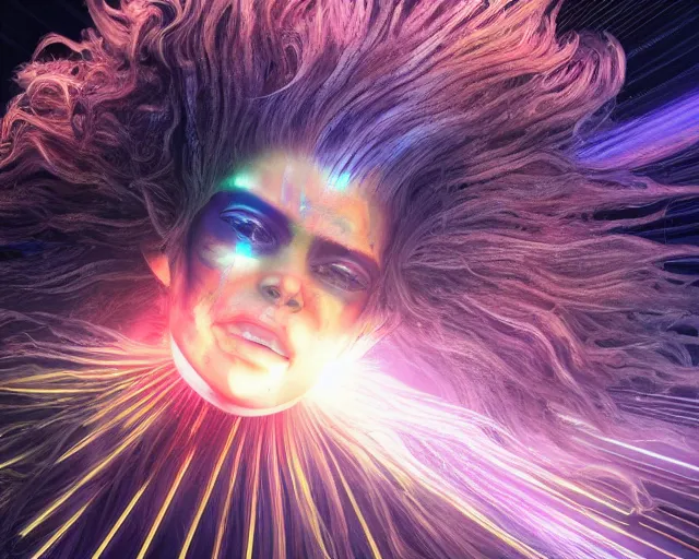 Image similar to glowing hair, complex cybernetic beings, beautiful hairy humanoids, cybermagnetosphere, cybernetic civilizations, ornate hair, love, joy, vortexes, large arrays, data holograms, 8 k, cinematic light shadows, wet hdr refractions, *, * * *, * * * * *