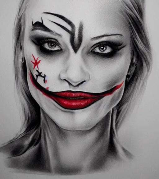 Image similar to tattoo design sketch of a beautiful blonde female portrait with joker makeup, in the style of den yakovlev, realistic face, black and white, realism tattoo, hyper realistic, highly detailed