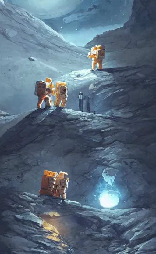 Image similar to a beautiful artwork illustration, astronauts with flashlights stand in front of a giant obsidian monolith on the moon, by greg rutkowski and jesper ejsing and raymond swanland, featured on artstation, wide angle, vertical orientation