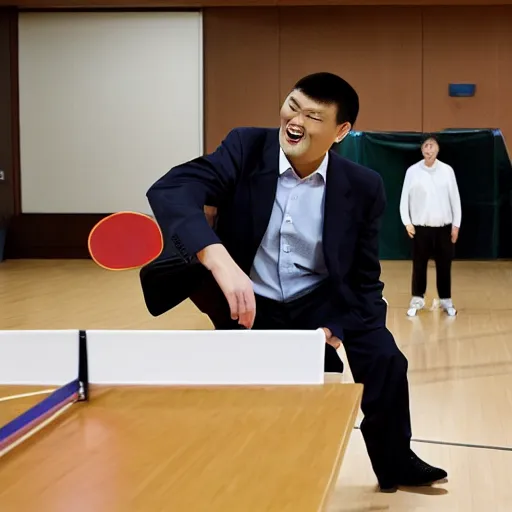 Image similar to a photo of yao ming playing ping pong with bill gates