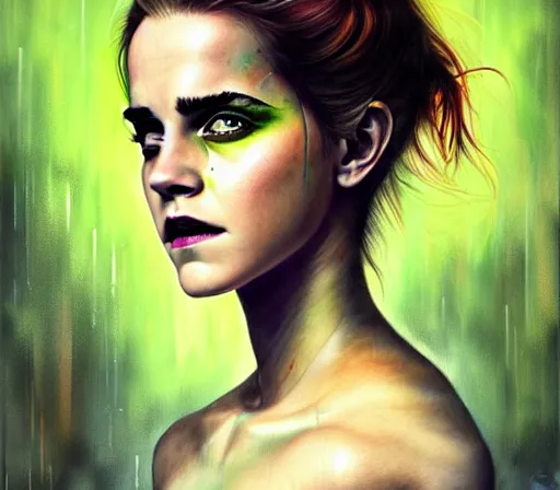 Image similar to a Demon Slayer portrait of Emma Watson , tall, pale-skinned, and slender woman with lime green eyes and long eyelashes by Stanely Artgerm,Tom Bagshaw,arthur adams,Carne Griffiths,trending on DeviantArt,street art,face enhance,chillwave,maximalist,full of color,glittering