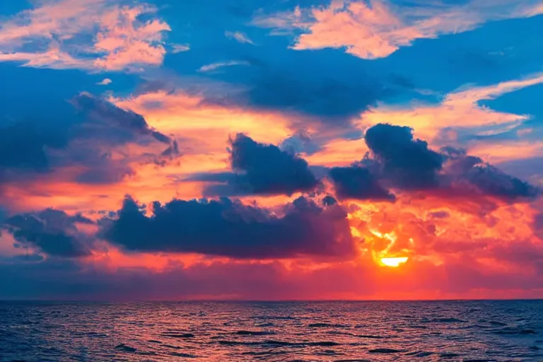 Prompt: An award winning photo of a ocean with dolphins playing in it during sunset, beautiful clouds above, vibrant colors, crashing waves, setting sun, 4K high quality photography.