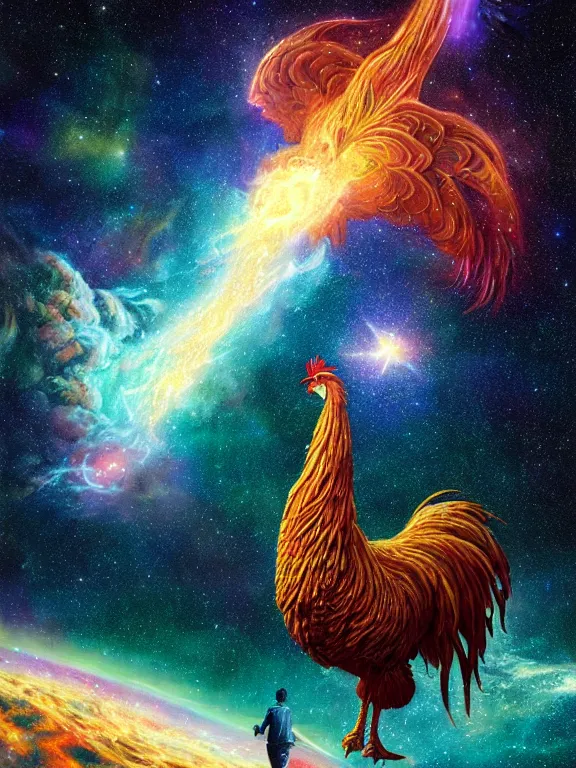 Image similar to a giant rooster, being abducted by a ufo, galaxy cosmic nebula, epic, volumetric light, hyperrealistic, glitter, mega detailed, beautiful composition, beautiful lighting, unreal render, 4 k, vincent di fate, john berkey, michael whelan