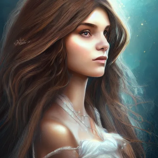 Prompt: A portrait of an attractive young female earth angel, beautiful long brown hair, rock elements, intricate, highly detailed, elegant, digital painting, trending on artstation