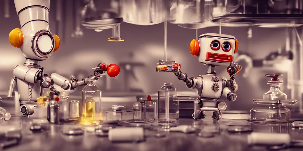 Image similar to closeup portrait of tin toy retro robot chef cooking pastry with vials in a chemical scientific lab, depth of field, zeiss lens, detailed, centered, fashion photoshoot, by nicoletta ceccoli, mark ryden, lostfish, breathtaking, 8 k resolution, extremely detailed, beautiful, establishing shot, artistic, hyperrealistic, octane render