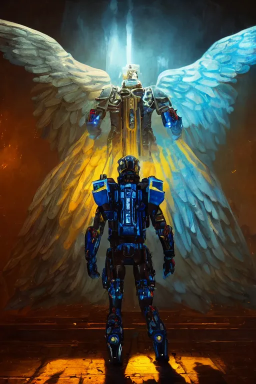 Image similar to A cinematic shot from behind, military super soldier with angel wings with a blue and yellow flag behind him is standing on a pile of skulls in triumph, concept art, сinematic lighting, insanely detailed, smooth, sharp focus, Artstation, 8k, unreal engine, hyper realistic, steampunk style, bright background, moonlight, volumetric lighting, wallpaper, digital illustration by Ruan Jia and Mandy Jurgens and Artgerm and Wayne Barlowe and Greg Rutkowski and Zdislav Beksinski