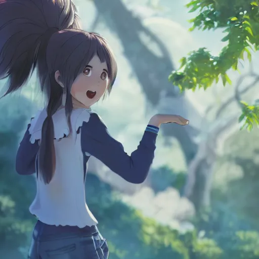 Image similar to a wholesome animation key shot of a girl with a raccoon tail and long dark blue hair, medium shot, studio ghibli, pixar and disney animation, sharp, rendered in unreal engine 5, anime key art by loish, bloom, dramatic lighting