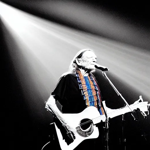 Image similar to willie nelson on stage, detailed, guitar. god rays through fog.