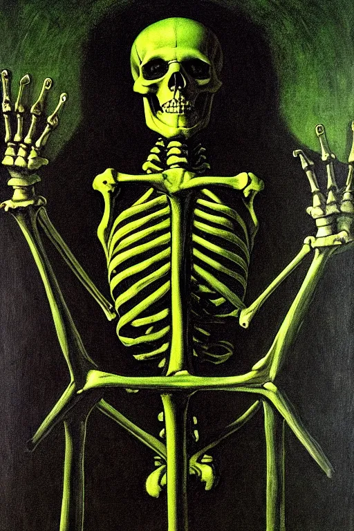 Image similar to a skeleton holding one hand aloft, glowing green candles, obelisks and black pyramids, obsidian ground, oil painting, high detail, dark lighting, atmospheric, extremely detailed, intricate, da vinci, michelangelo, caravaggio, hans holbein, raphael, donatello, 8 k