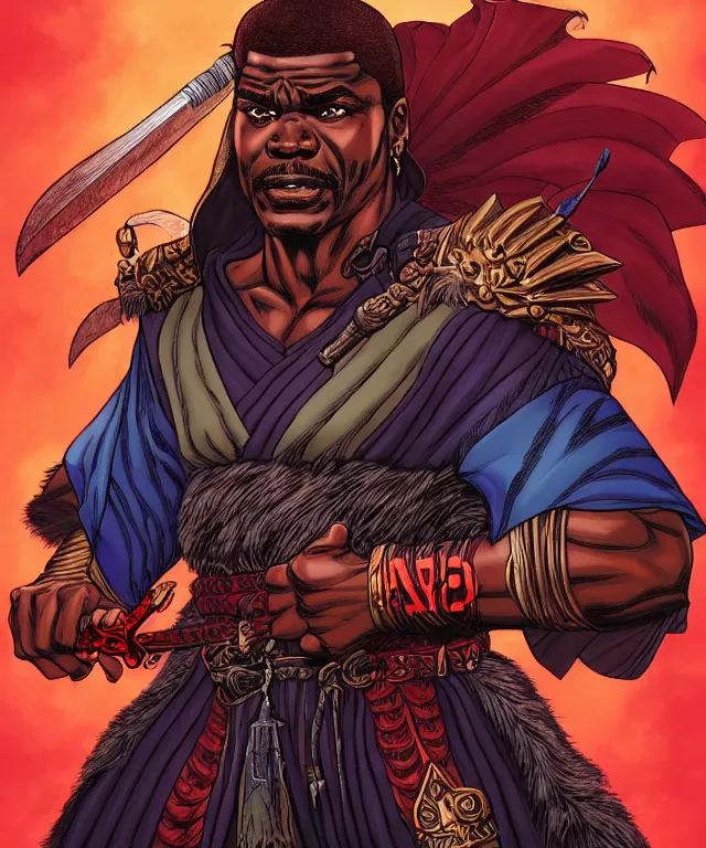 Prompt: a ( fantasy comic ) ( cover art ) portrait of ( keith david 1 9 8 8 ) as a warrior monk, digital illustration by ken taylor and sana takeda and kentaro miura, fine inking lines, vivid colors, dnd, photorealistic, hd, 4 k, trending on artstation