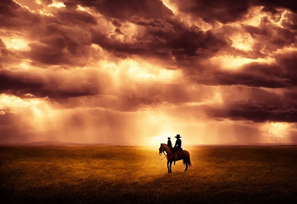 Image similar to a lone cowboy on horseback, aiming a golden revolver, hazy sunset with dark storm clouds on the horizon, small western town in the distance, cinematic angle, filmic tones, detailed digital matte illustration