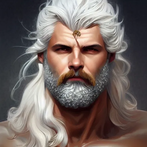 Image similar to portrait of mighty zeus, greek god, white hair, soft hair, d & d, muscular, hairy torso, fantasy, intricate, elegant, highly detailed, digital painting, artstation, concept art, smooth, sharp focus, illustration, art by artgerm and greg rutkowski and alphonse mucha