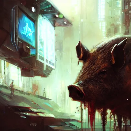 Prompt: a wild boar, painting by Raymond Swanland, cyberpunk, sci-fi cybernetic implants hq, Cadaques