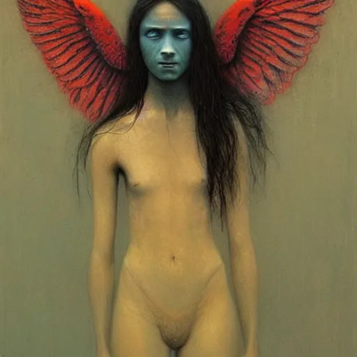 Prompt: young teen female with who is half crow. She has dark wings, painting by Beksinski