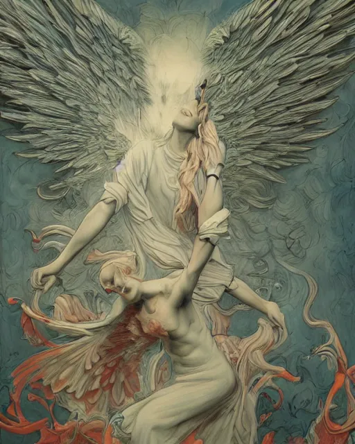 Image similar to an artwork by James Jean of an angel burning it wings. Art, highly detailed 4K