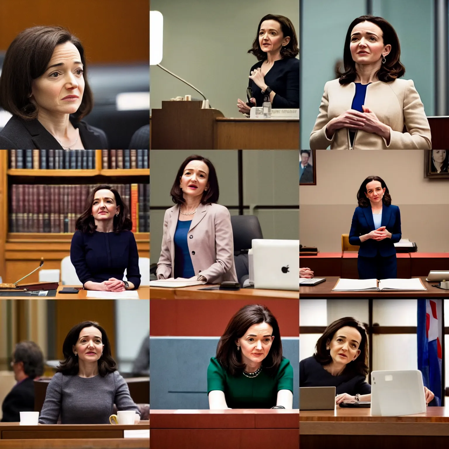 Prompt: Movie still of Sheryl Sandberg standing trial at the Hague in Facebook The Movie (2017), directed by Steven Spielberg