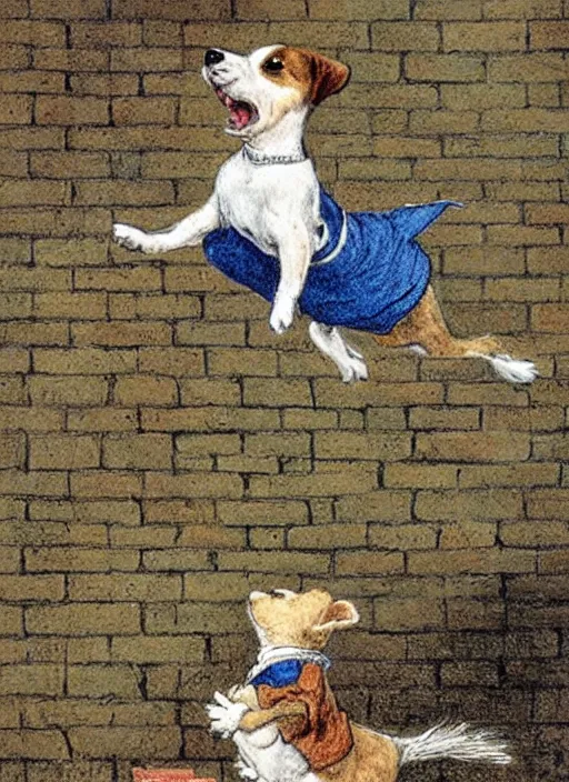 Prompt: jack russel terrier jumping from the ground over a brick wall, illustrated by peggy fortnum and beatrix potter and sir john tenniel