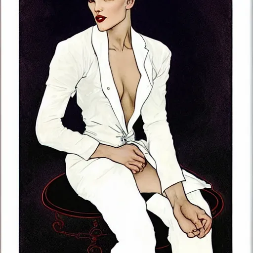 Image similar to comely portrait of androgynous ruby rose as desire from sandman in a white tuxedo!!!, rockabilly style,, by alphonse mucha, by jeremy mann, by peter lindbergh, dave mckean, by frank moth, white suit and black tie, soft lightning, high detailed, 8 k