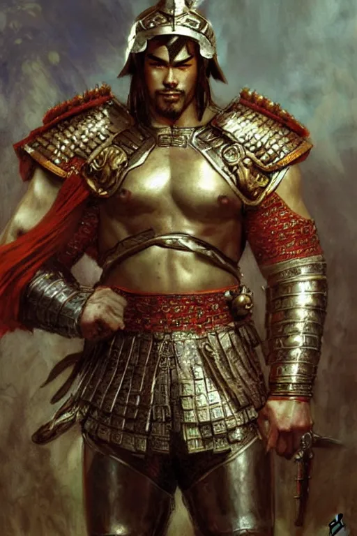 Image similar to attractive beefy male with armor, ancient china, three kingdoms, character design, dynamic lighting, cool and bright tint, painting by gaston bussiere, craig mullins, j. c. leyendecker, tom of finland