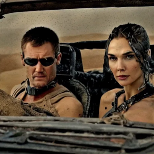 Prompt: a film still from the movie mad max fury road of the anthropomorphic cheetah raiders driving around in the post apocalyptic wasteland gal gadot