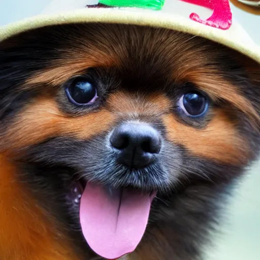 Image similar to close - up of a pomeranian wearing a a hat that reads women want me fish fear me, high resolution photo