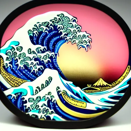 Prompt: carved diorama of the great wave off kanagawa with pink lava and fire, carved out of transparent marble with celadon glaze