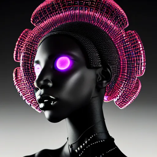 Image similar to portrait of an absurdly beautiful, graceful, sophisticated, fashionable black cyberpunk mechanoid gravure idol, hyperdetailed illustration by irakli nadar, adut akech, matt wisniewski style, intricate linework, dark black porcelain skin, jellyfish headdress, unreal engine 5 highly rendered, global illumination, red light, detailed and intricate environment