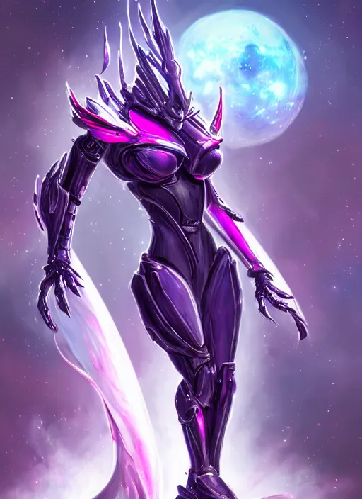 Prompt: cinematic front shot, cosmic beautiful stunning giant robot mecha hot female dragon goddess, sharp spines, sharp metal ears, smooth purple eyes, smooth fuschia skin, elegant smooth silver armor, nebula size, epic proportions, epic scale, macro furry, furry art, dragon art, goddess art, giantess art, warframe, warframe fanart, furaffinity, octane