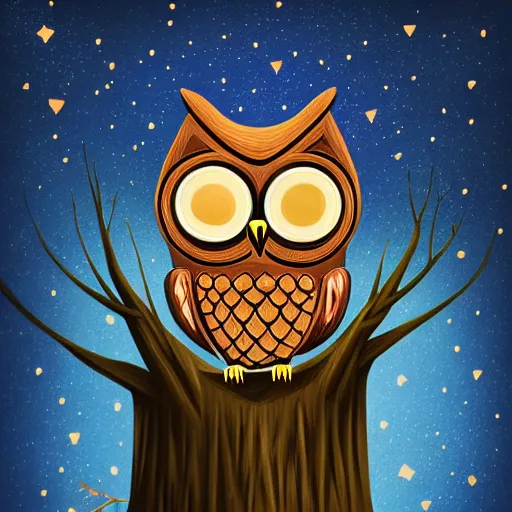 Image similar to mechanical owl inside a hole in a tree, red eyes glowing, night sky with full of stars, in the middle of forest, illustration, 2 d style, hand drawn, realistic style, futuristic, cinematic lighting, high key lighting, high contrast, golden ratio