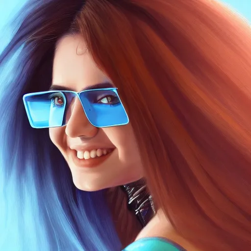 Image similar to closeup painting of a very beautiful young mexican cyberpunk woman smiling, wearing light blue shades and a leather jacket, one side haircut, long brown hair with light blue ends, portrait, hyperdetailed, artstation, cgsociety, 8 k